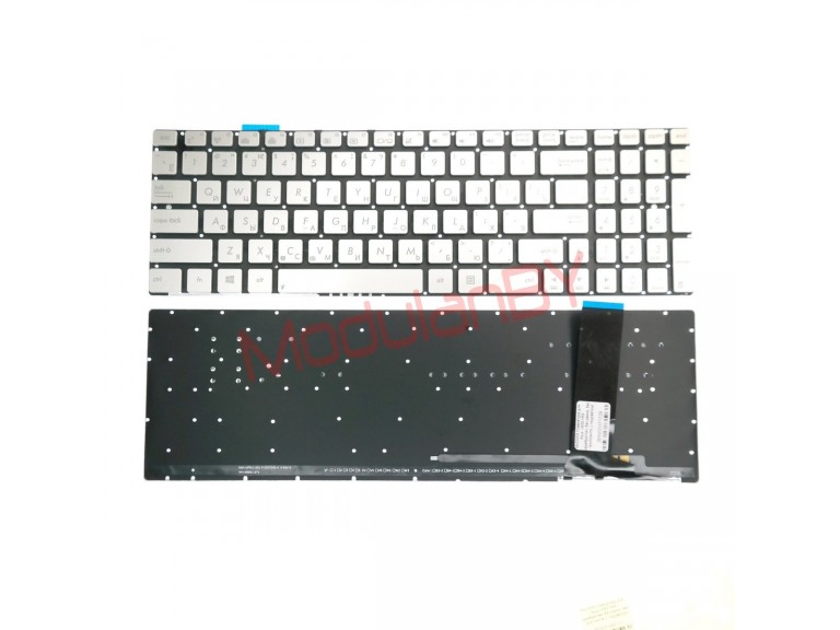 Клавиатура для  Asus  N550 N56 серебристая, без рамки, без трэкпоинта, с подсветкой