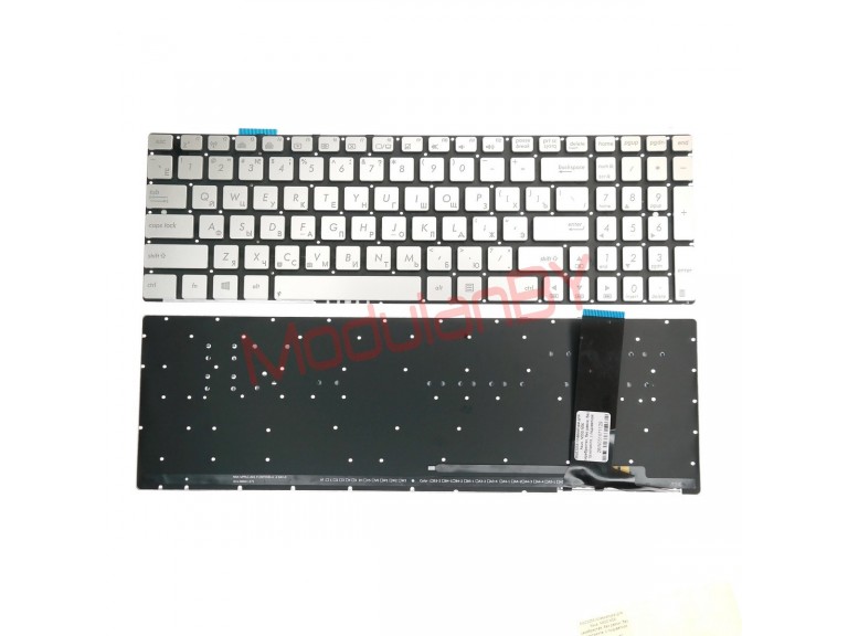 Клавиатура для  Asus  N550 N56 серебристая, без рамки, без трэкпоинта, с подсветкой